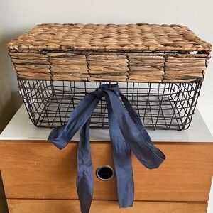 Woven & Wire Lidded Basket with Blue Ribbon Accent
